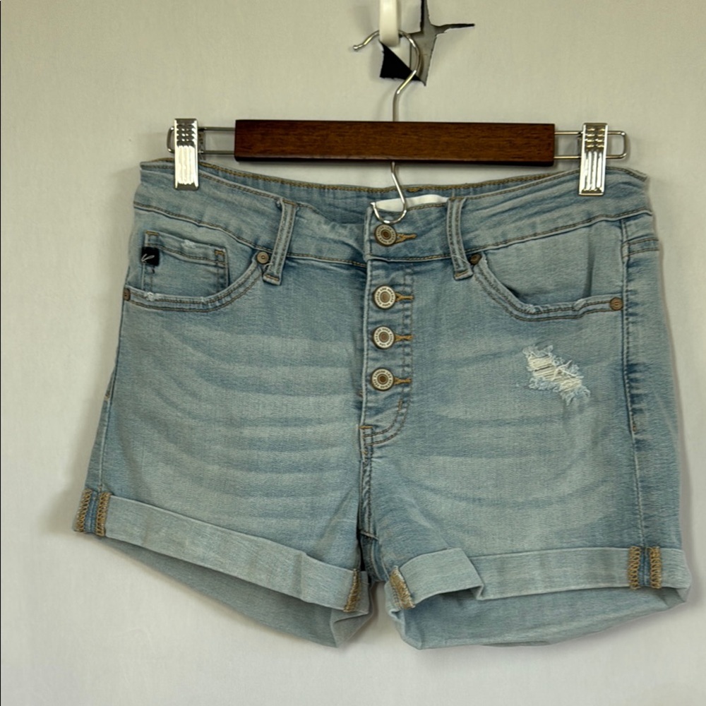 KanCan Light Wash Button Fly Denim Shorts Cuffed Distressed Stretch Mid Rise 28